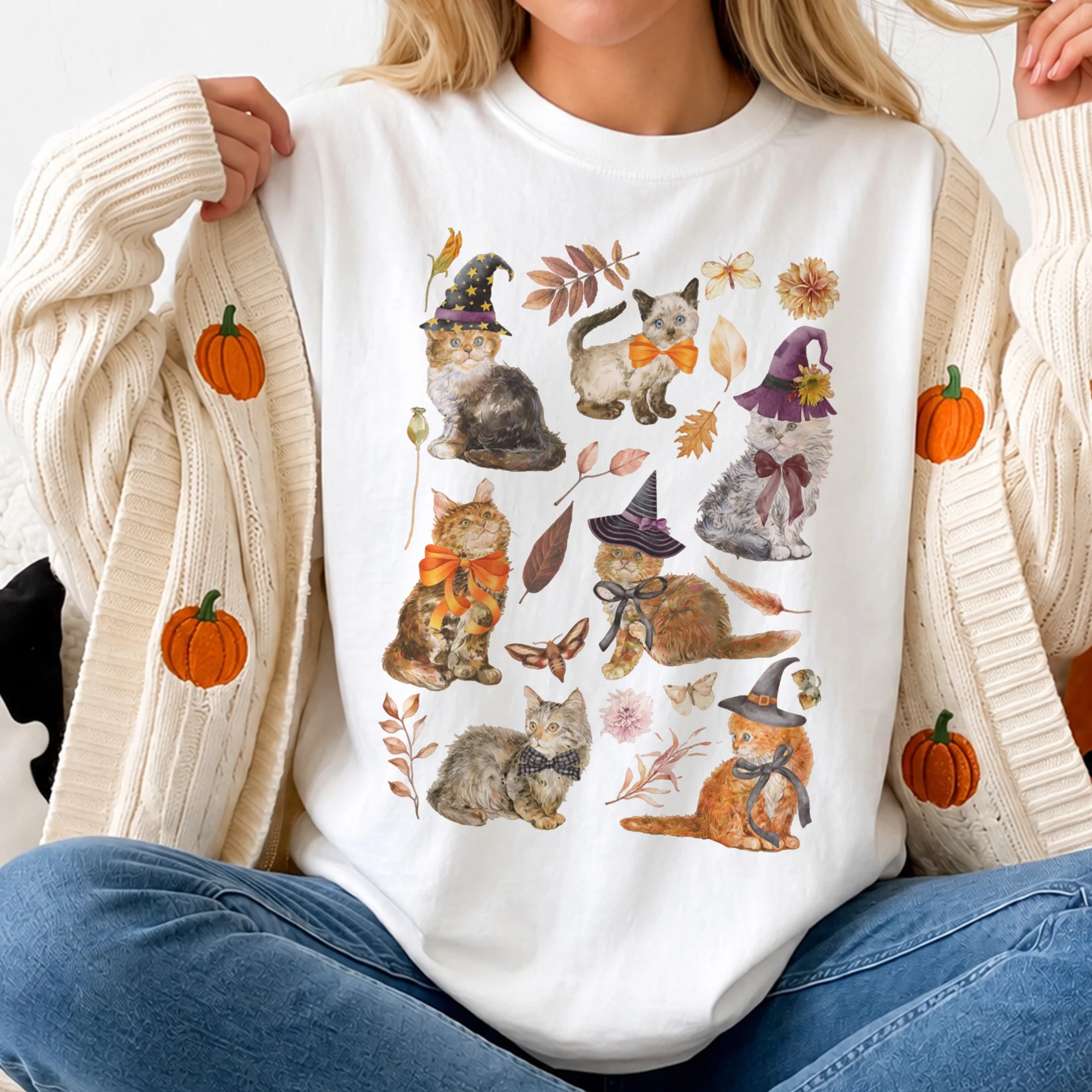 Witch Cat Halloween Tee Fall Aesthetic Cute Spooky Autumn Shirt for Women