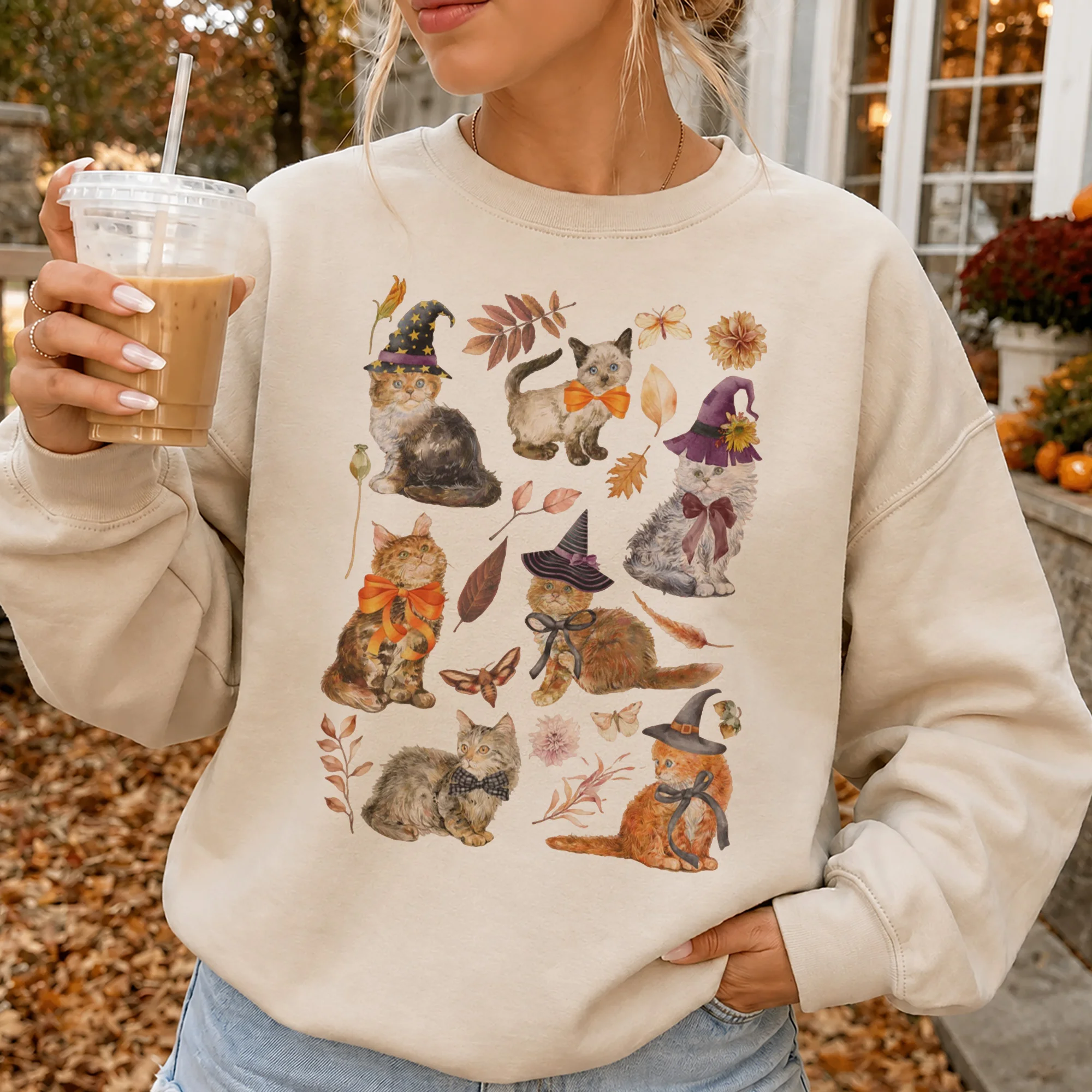 Witch Cat Halloween Tee Fall Aesthetic Cute Spooky Autumn Shirt for Women