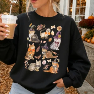 Witch Cat Halloween Tee Fall Aesthetic Cute Spooky Autumn Shirt for Women