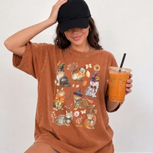 Witch Cat Halloween Tee Fall Aesthetic Cute Spooky Autumn Shirt for Women