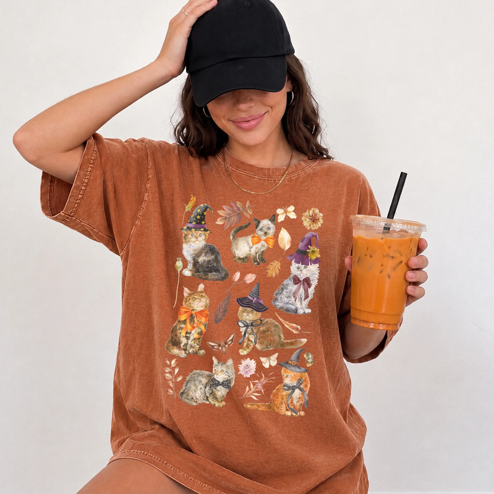 Witch Cat Halloween Tee Fall Aesthetic Cute Spooky Autumn Shirt for Women