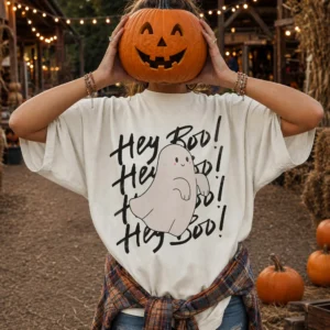 Hey Boo Cute Ghost Halloween Tee Spooky Season Shirt for Women