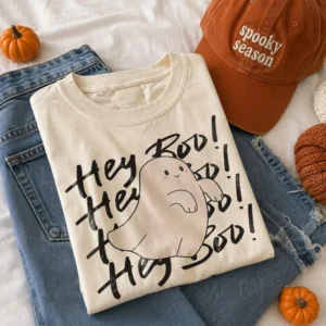 Hey Boo Cute Ghost Halloween Tee Spooky Season Shirt for Women