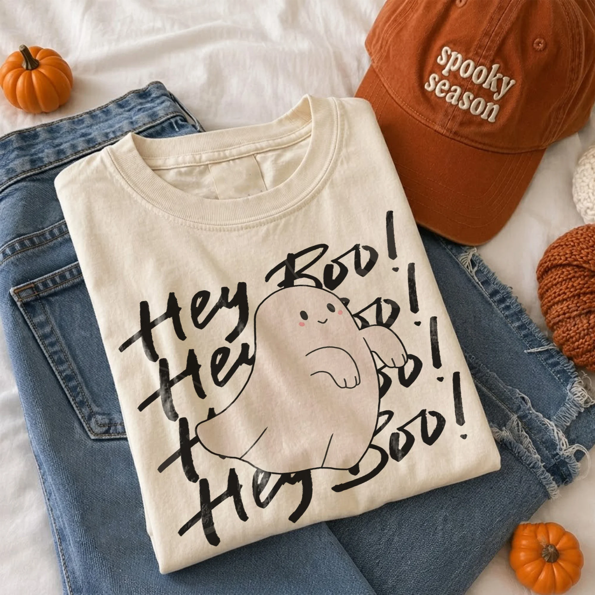 Hey Boo Cute Ghost Halloween Tee Spooky Season Shirt for Women