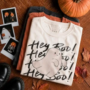 Hey Boo Cute Ghost Halloween Tee Spooky Season Shirt for Women