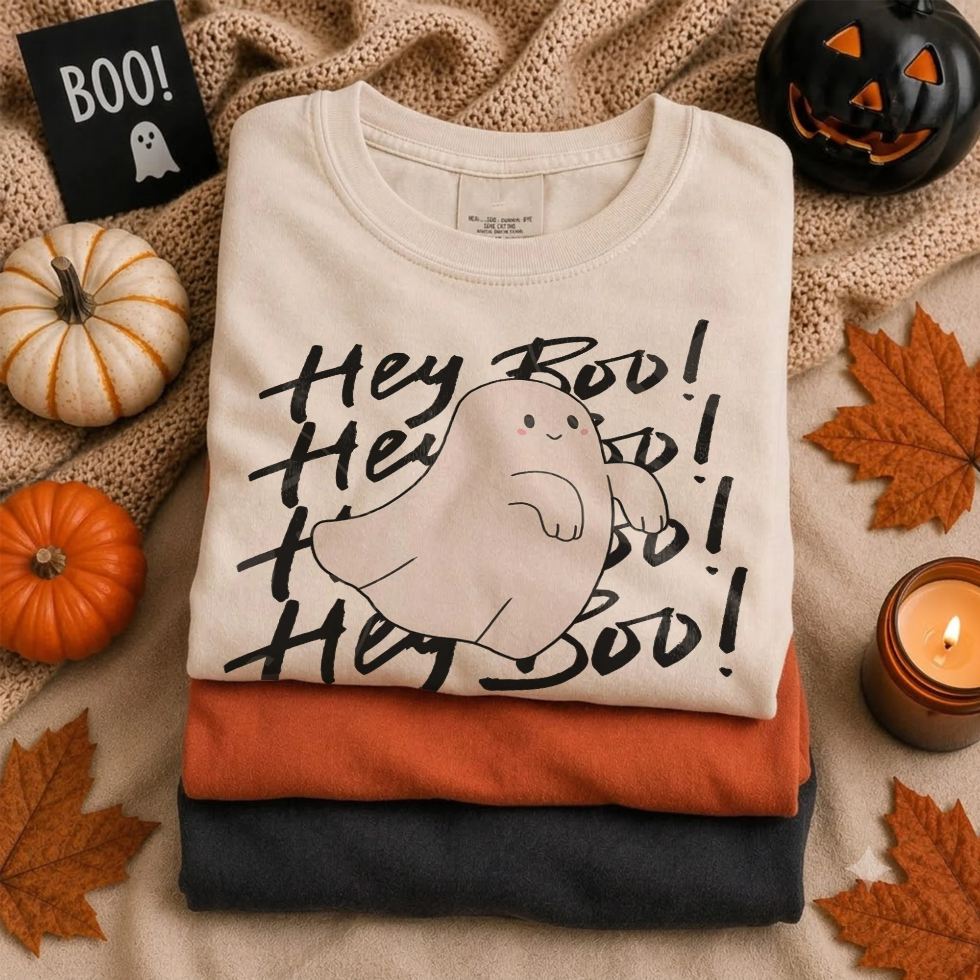 Hey Boo Cute Ghost Halloween Tee Spooky Season Shirt for Women