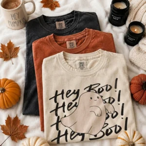 Hey Boo Cute Ghost Halloween Tee Spooky Season Shirt for Women