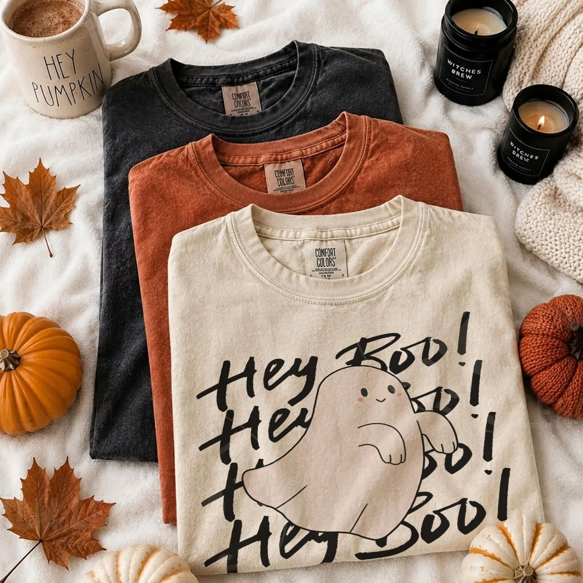 Hey Boo Cute Ghost Halloween Tee Spooky Season Shirt for Women