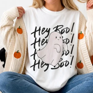Hey Boo Cute Ghost Halloween Tee Spooky Season Shirt for Women