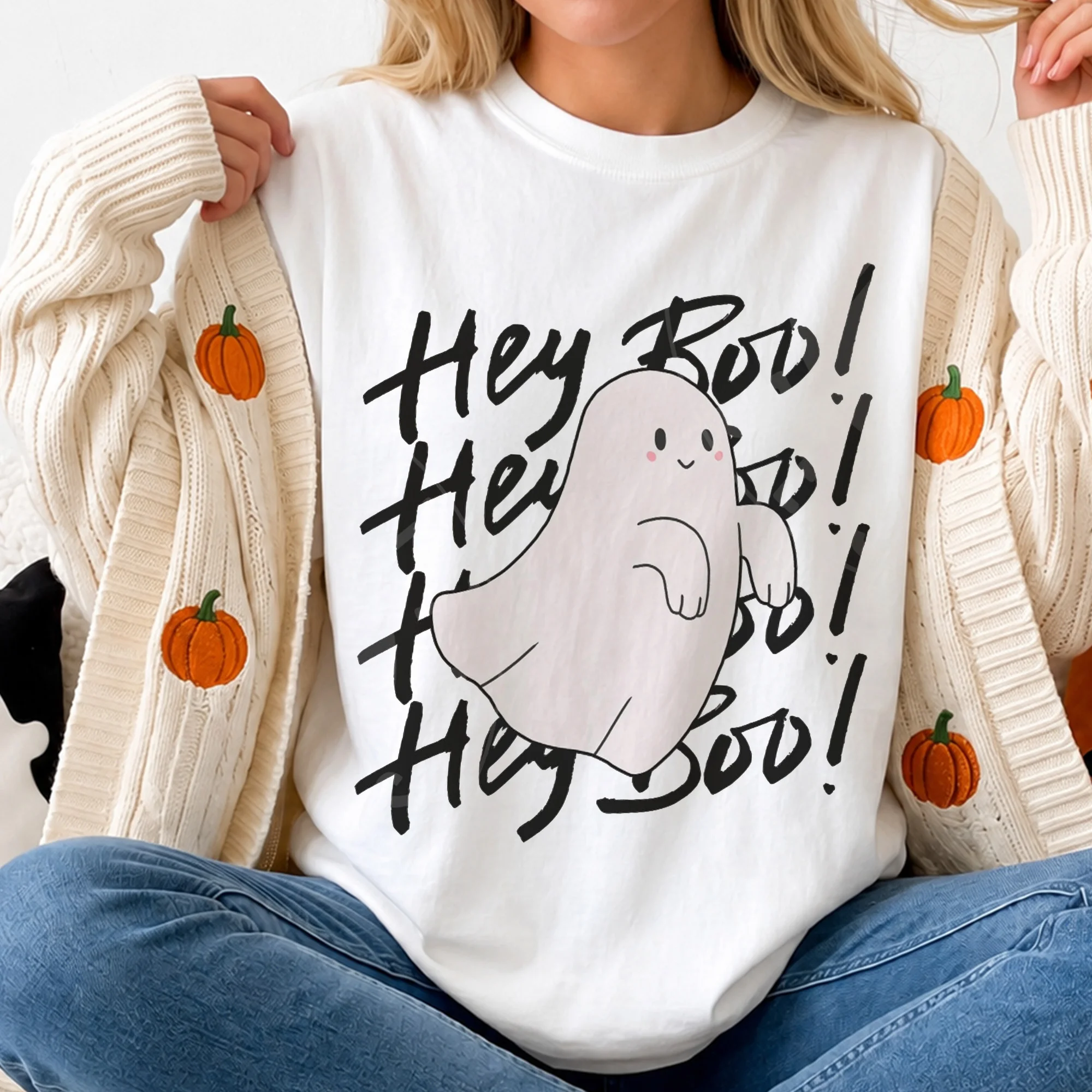 Hey Boo Cute Ghost Halloween Tee Spooky Season Shirt for Women
