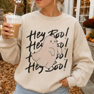 Hey Boo Cute Ghost Halloween Tee Spooky Season Shirt for Women