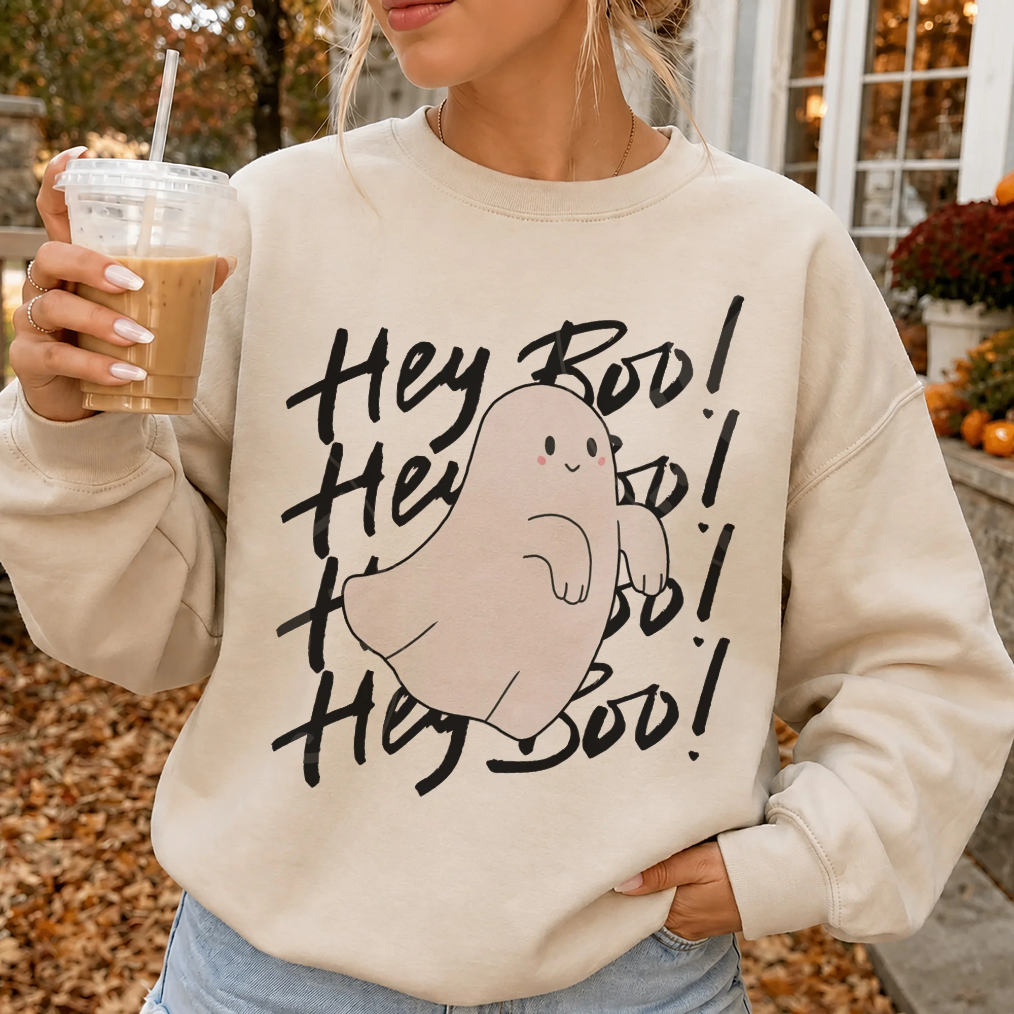 Hey Boo Cute Ghost Halloween Tee Spooky Season Shirt for Women