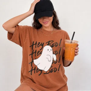 Hey Boo Cute Ghost Halloween Tee Spooky Season Shirt for Women