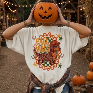 Fall Vibes Western Dachshund Tee Retro Autumn Pumpkin Patch Shirt for Dog Lovers