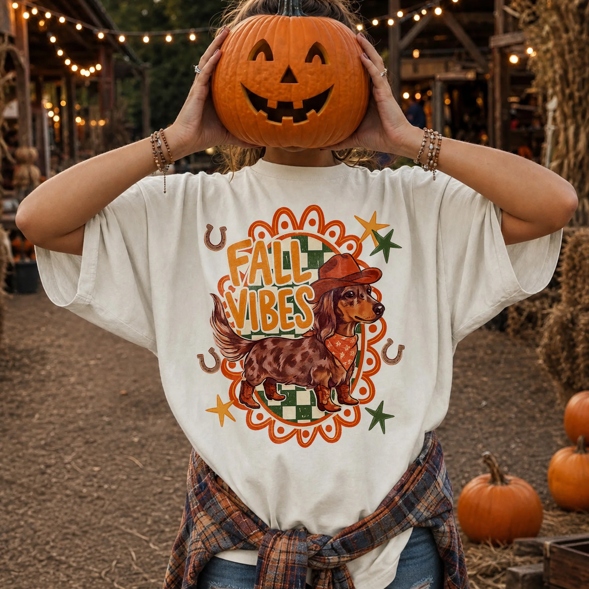 Fall Vibes Western Dachshund Tee Retro Autumn Pumpkin Patch Shirt for Dog Lovers