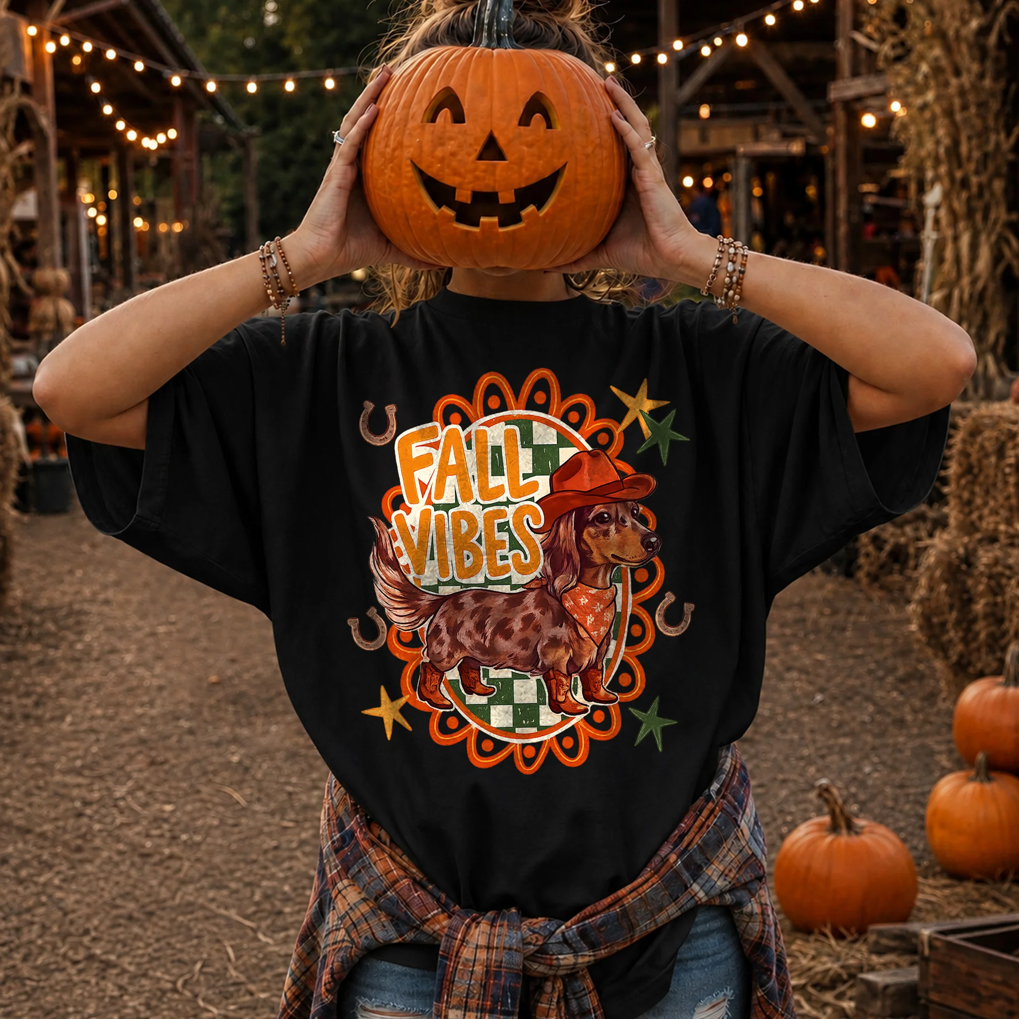 Fall Vibes Western Dachshund Tee Retro Autumn Pumpkin Patch Shirt for Dog Lovers