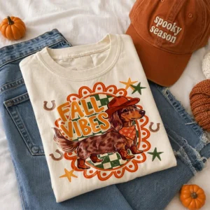 Fall Vibes Western Dachshund Tee Retro Autumn Pumpkin Patch Shirt for Dog Lovers