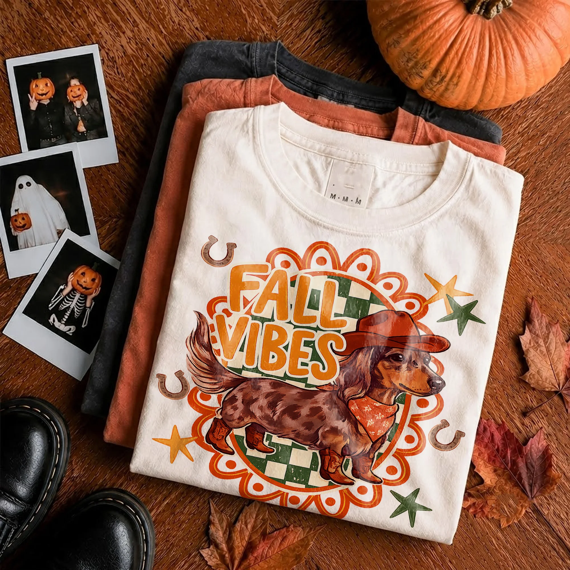 Fall Vibes Western Dachshund Tee Retro Autumn Pumpkin Patch Shirt for Dog Lovers