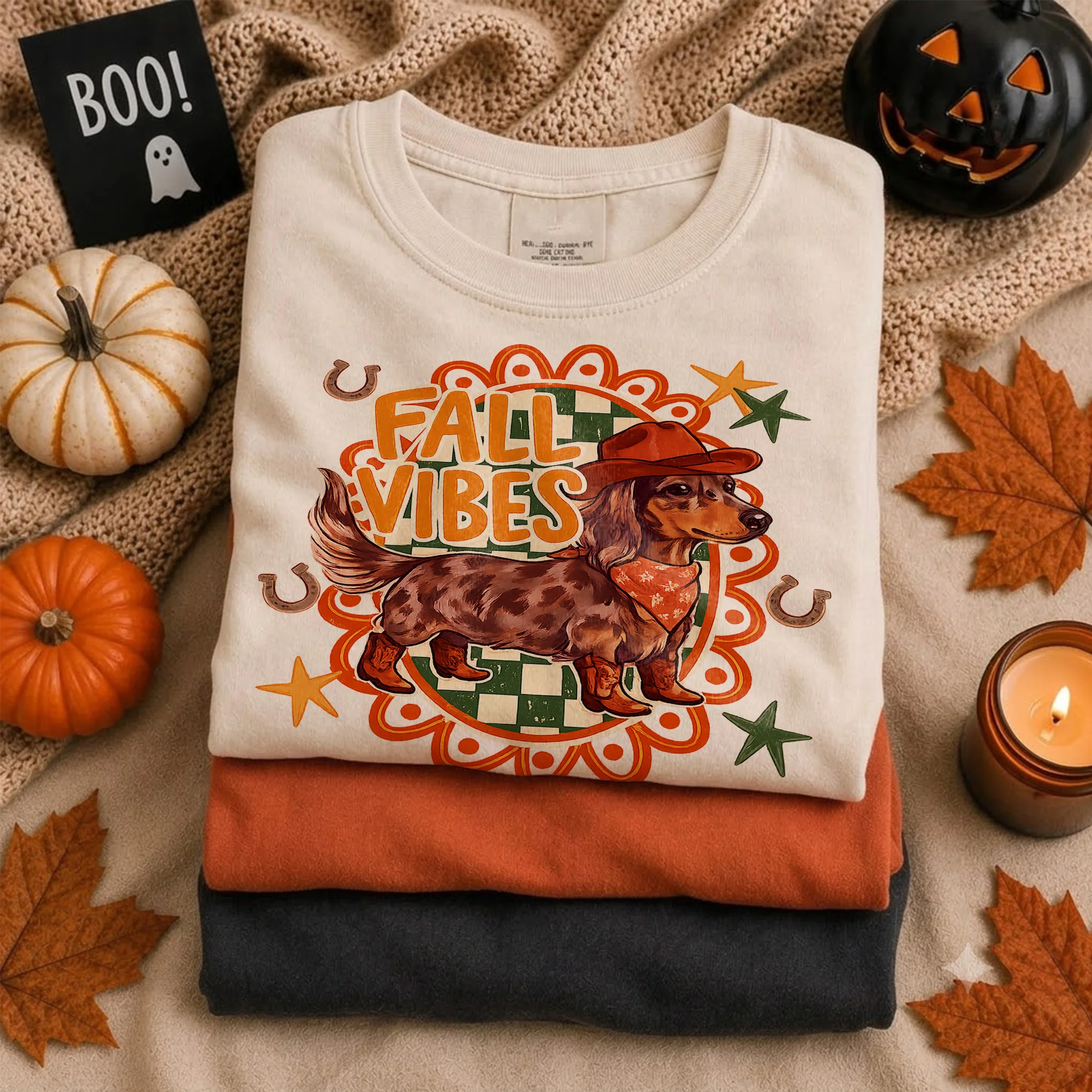 Fall Vibes Western Dachshund Tee Retro Autumn Pumpkin Patch Shirt for Dog Lovers