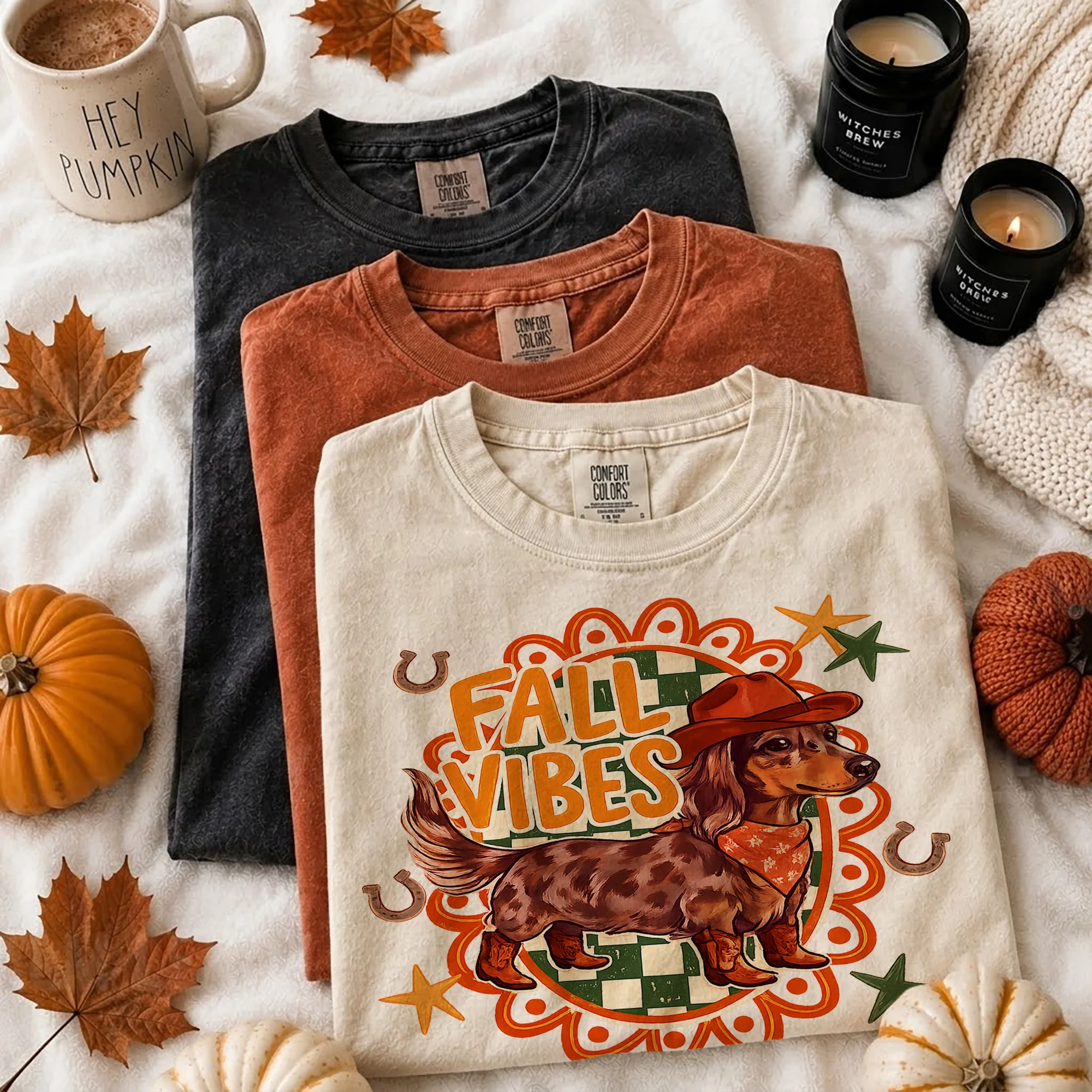 Fall Vibes Western Dachshund Tee Retro Autumn Pumpkin Patch Shirt for Dog Lovers