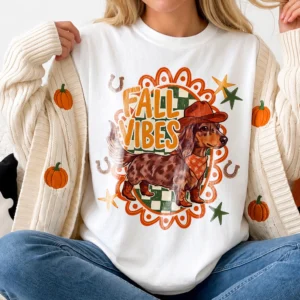 Fall Vibes Western Dachshund Tee Retro Autumn Pumpkin Patch Shirt for Dog Lovers