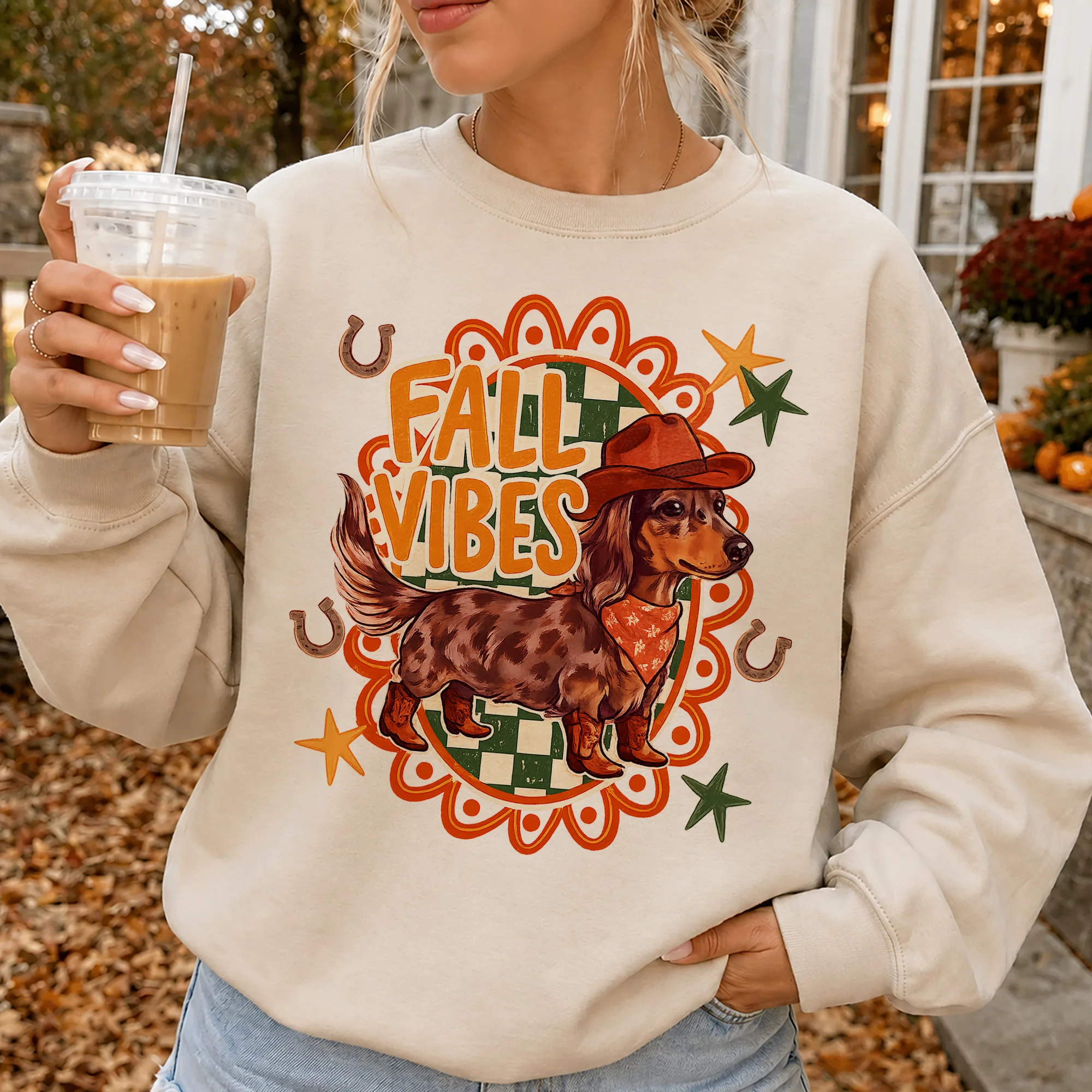 Fall Vibes Western Dachshund Tee Retro Autumn Pumpkin Patch Shirt for Dog Lovers