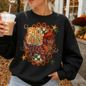 Fall Vibes Western Dachshund Tee Retro Autumn Pumpkin Patch Shirt for Dog Lovers