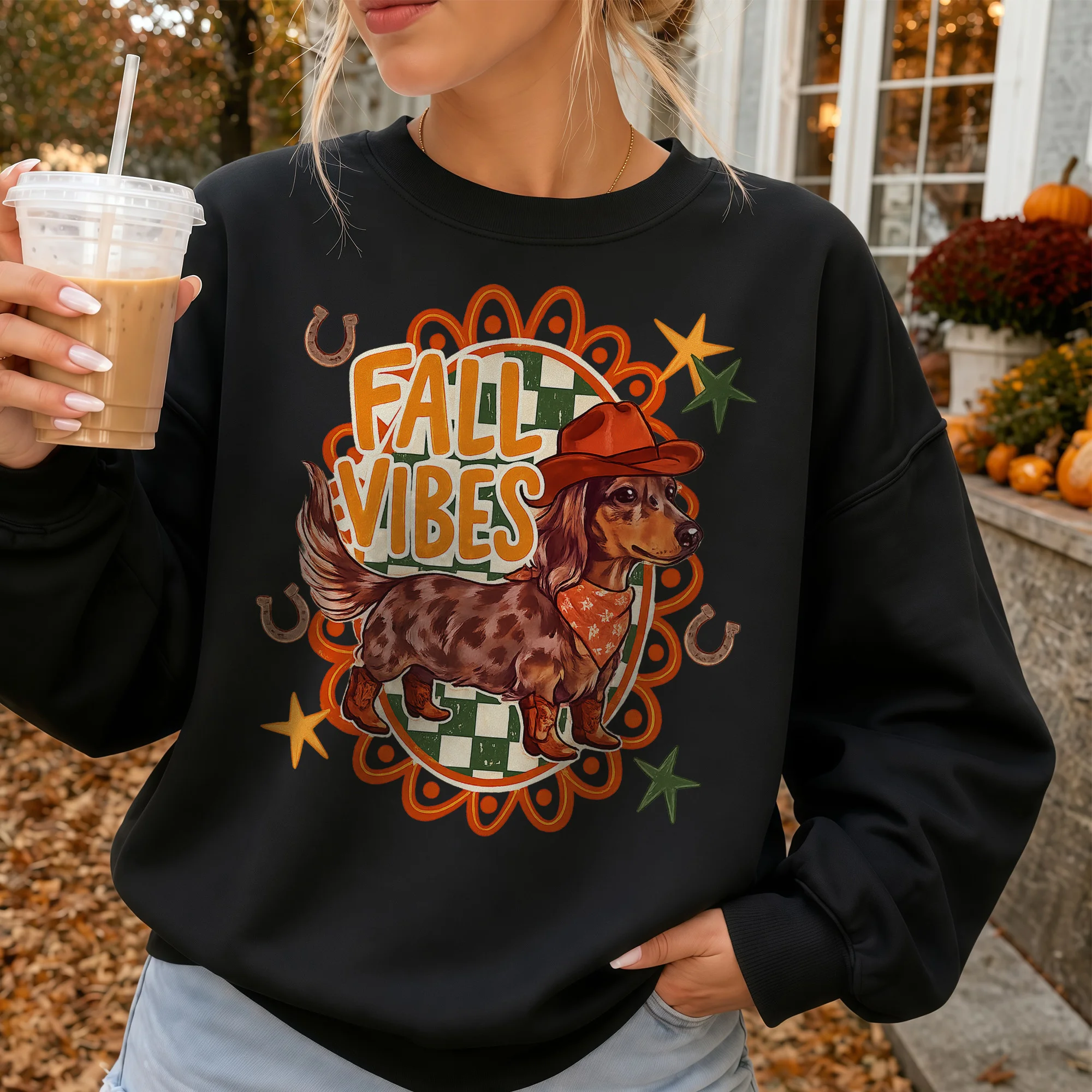 Fall Vibes Western Dachshund Tee Retro Autumn Pumpkin Patch Shirt for Dog Lovers