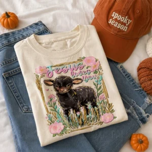 Jesus Loves You Christian Tee Vintage Floral Black Lamb Graphic for Women