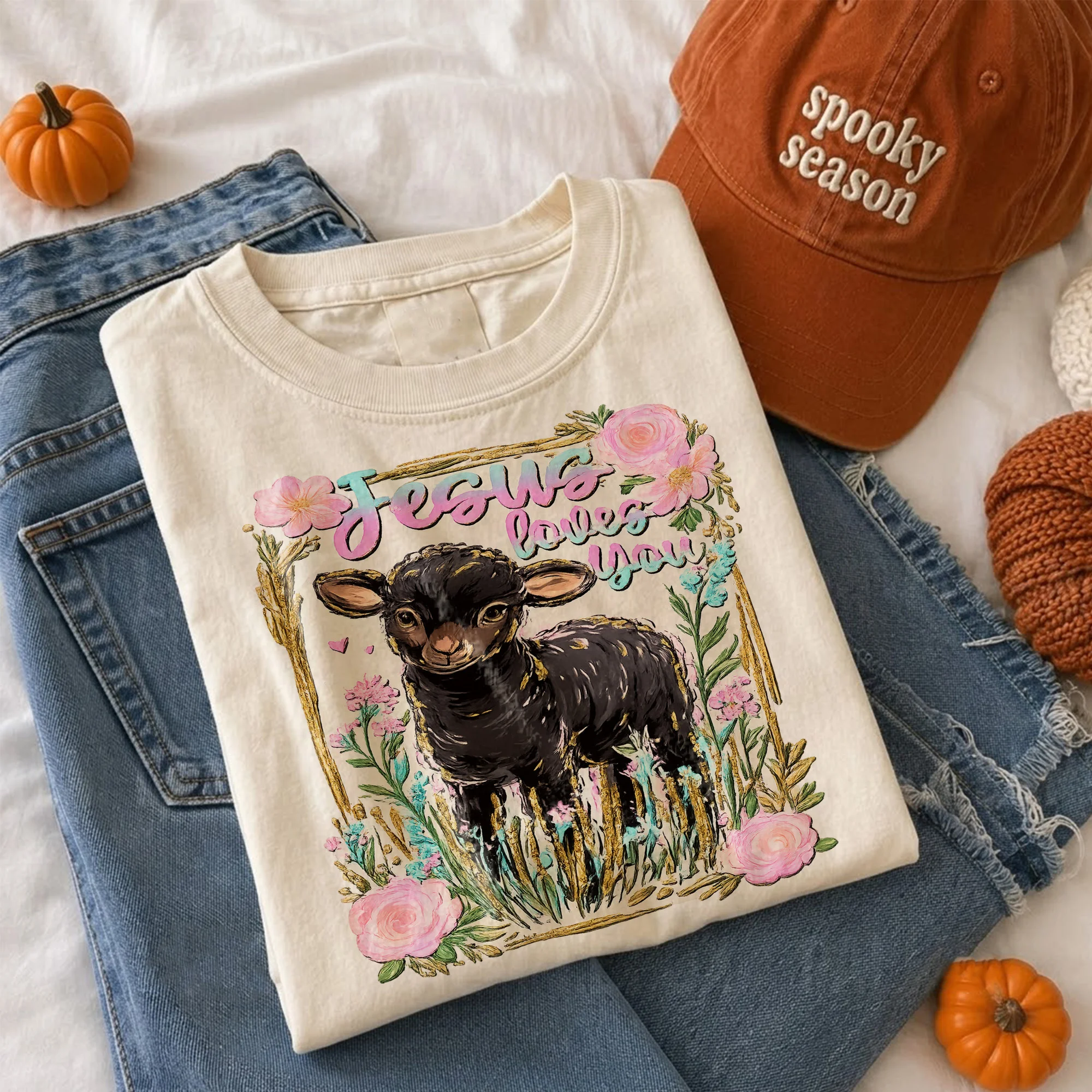 Jesus Loves You Christian Tee Vintage Floral Black Lamb Graphic for Women