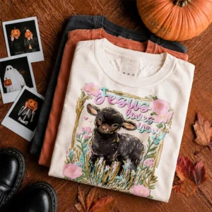 Jesus Loves You Christian Tee Vintage Floral Black Lamb Graphic for Women