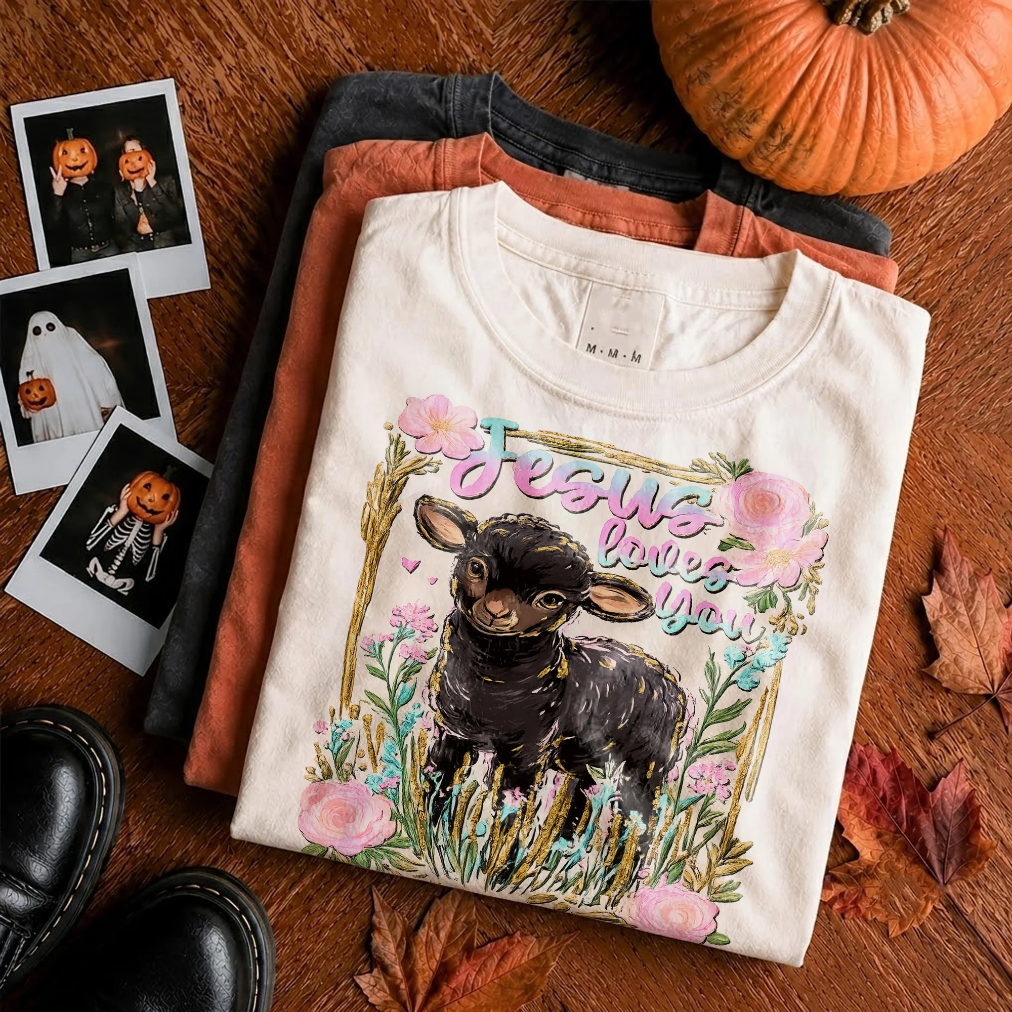 Jesus Loves You Christian Tee Vintage Floral Black Lamb Graphic for Women