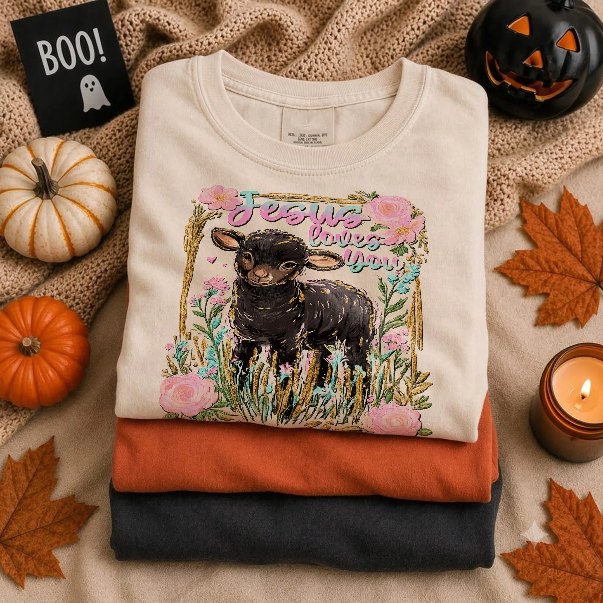 Jesus Loves You Christian Tee Vintage Floral Black Lamb Graphic for Women