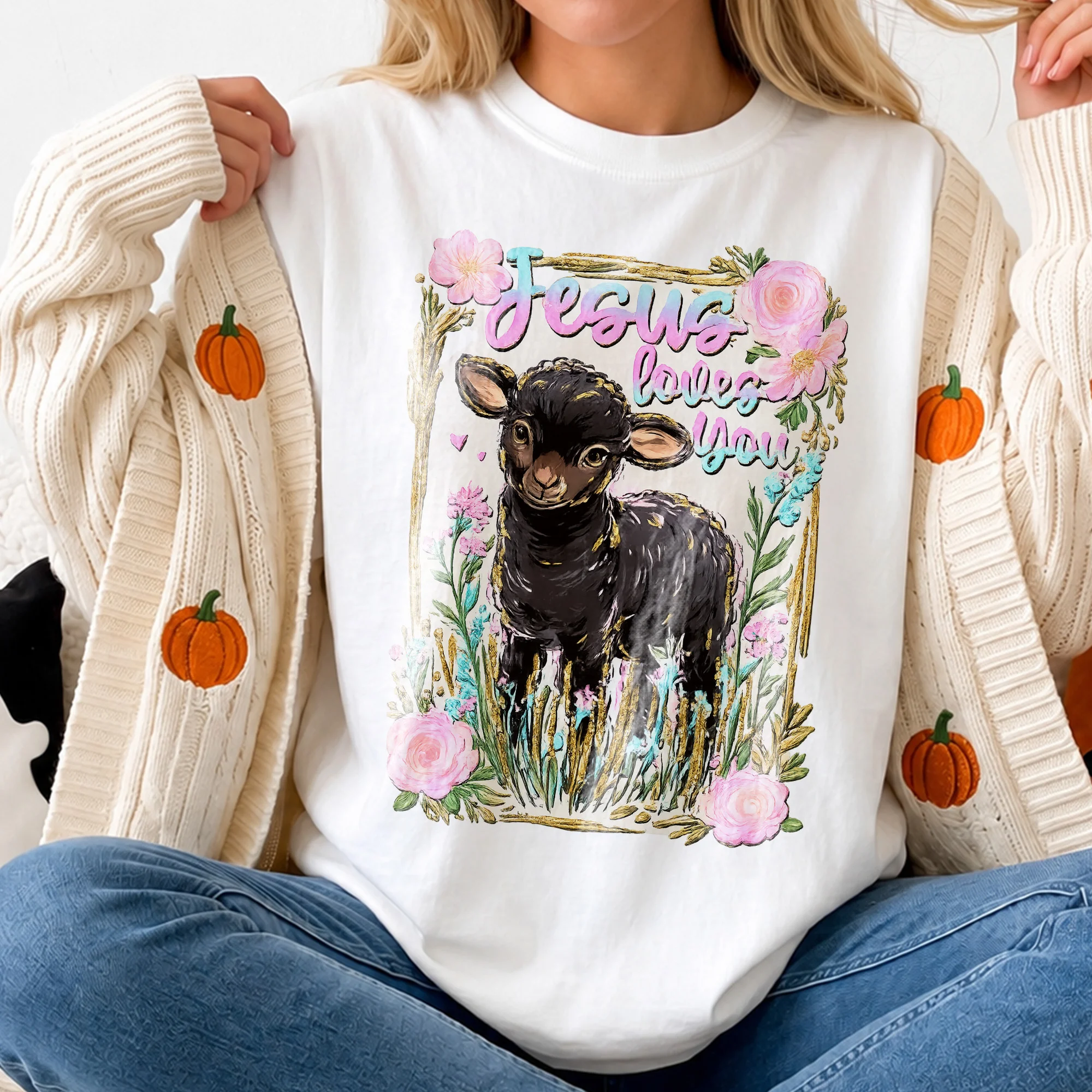 Jesus Loves You Christian Tee Vintage Floral Black Lamb Graphic for Women