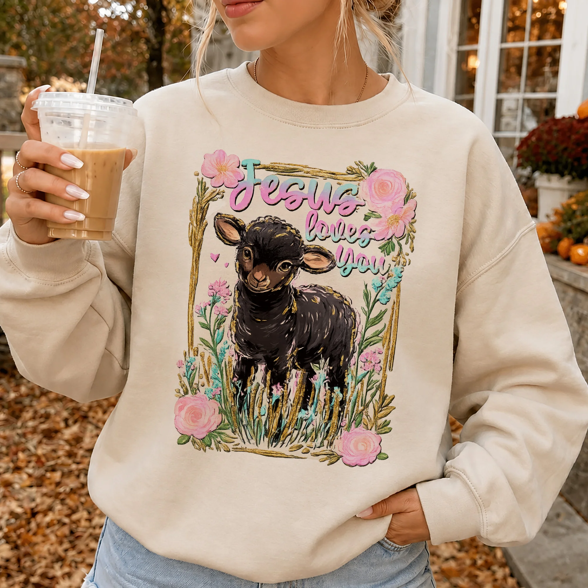 Jesus Loves You Christian Tee Vintage Floral Black Lamb Graphic for Women
