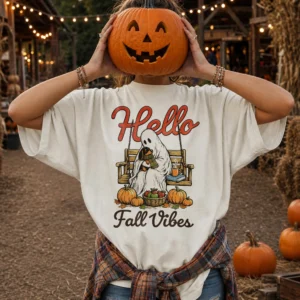 Hello Fall Vibes Tee Cozy Ghost Pumpkin Patch Graphic Shirt for Women