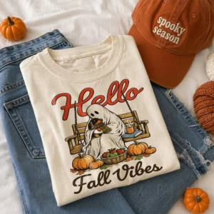 Hello Fall Vibes Tee Cozy Ghost Pumpkin Patch Graphic Shirt for Women