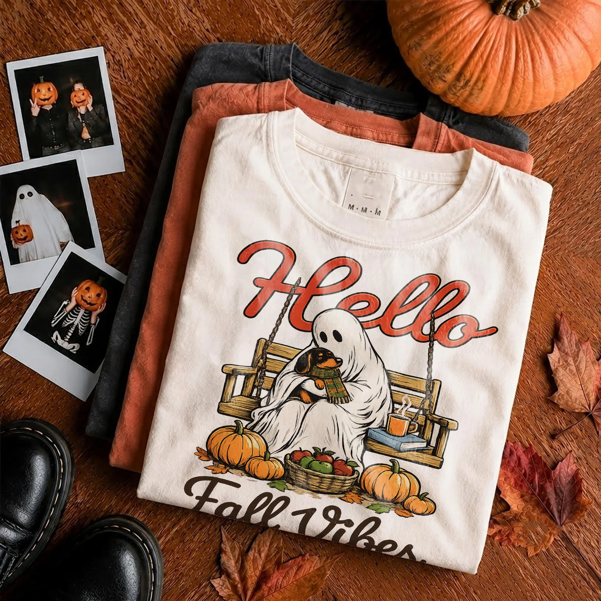 Hello Fall Vibes Tee Cozy Ghost Pumpkin Patch Graphic Shirt for Women