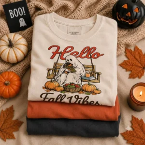 Hello Fall Vibes Tee Cozy Ghost Pumpkin Patch Graphic Shirt for Women