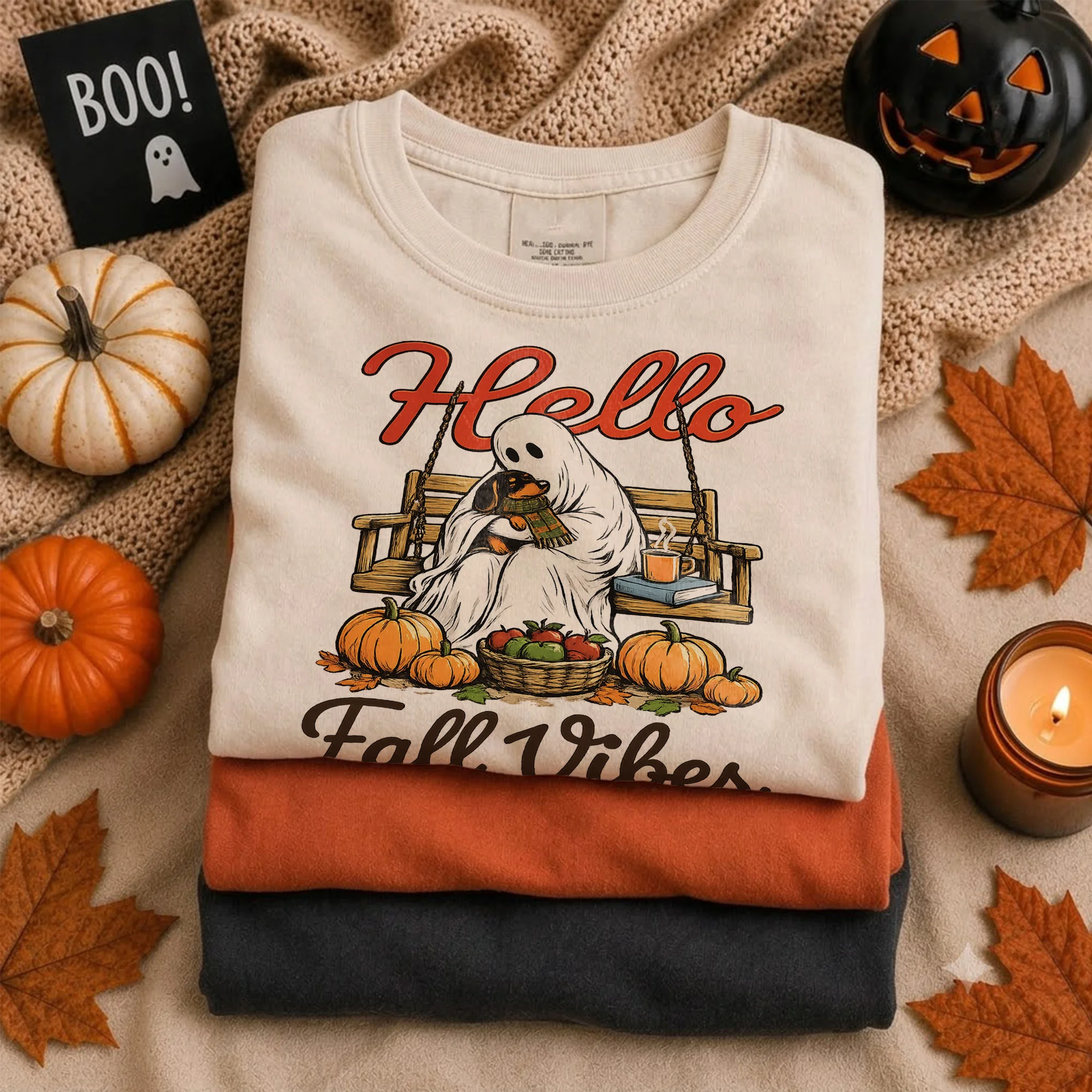 Hello Fall Vibes Tee Cozy Ghost Pumpkin Patch Graphic Shirt for Women