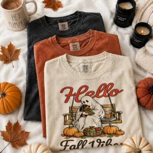 Hello Fall Vibes Tee Cozy Ghost Pumpkin Patch Graphic Shirt for Women