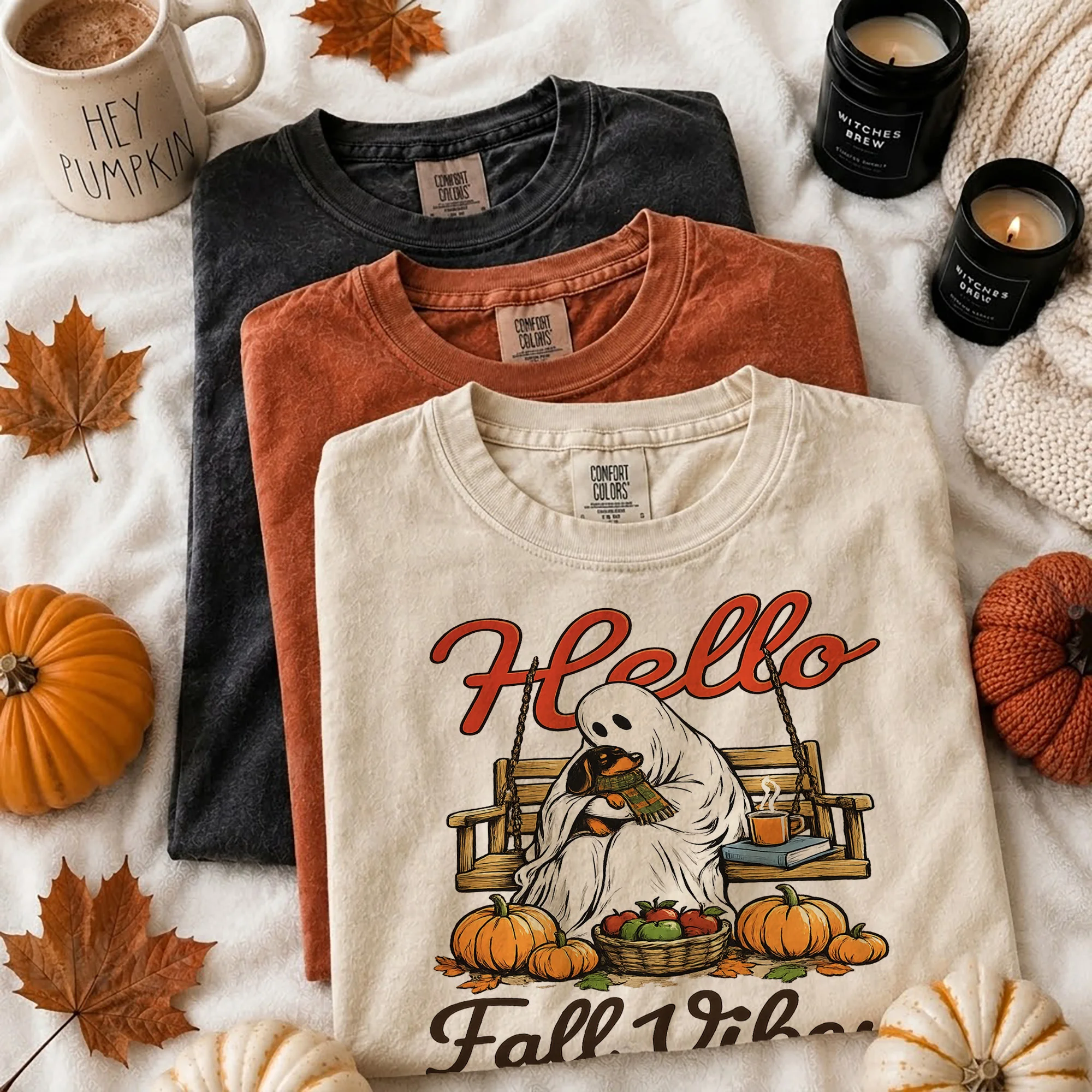 Hello Fall Vibes Tee Cozy Ghost Pumpkin Patch Graphic Shirt for Women
