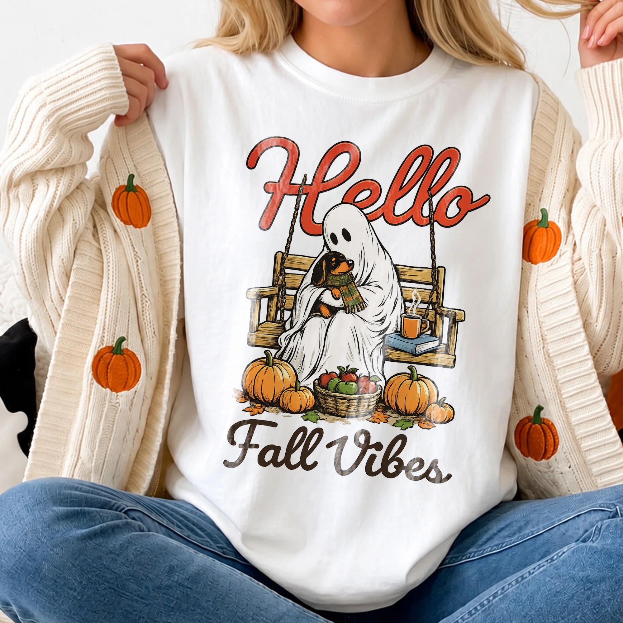 Hello Fall Vibes Tee Cozy Ghost Pumpkin Patch Graphic Shirt for Women