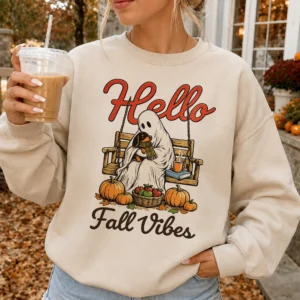 Hello Fall Vibes Tee Cozy Ghost Pumpkin Patch Graphic Shirt for Women