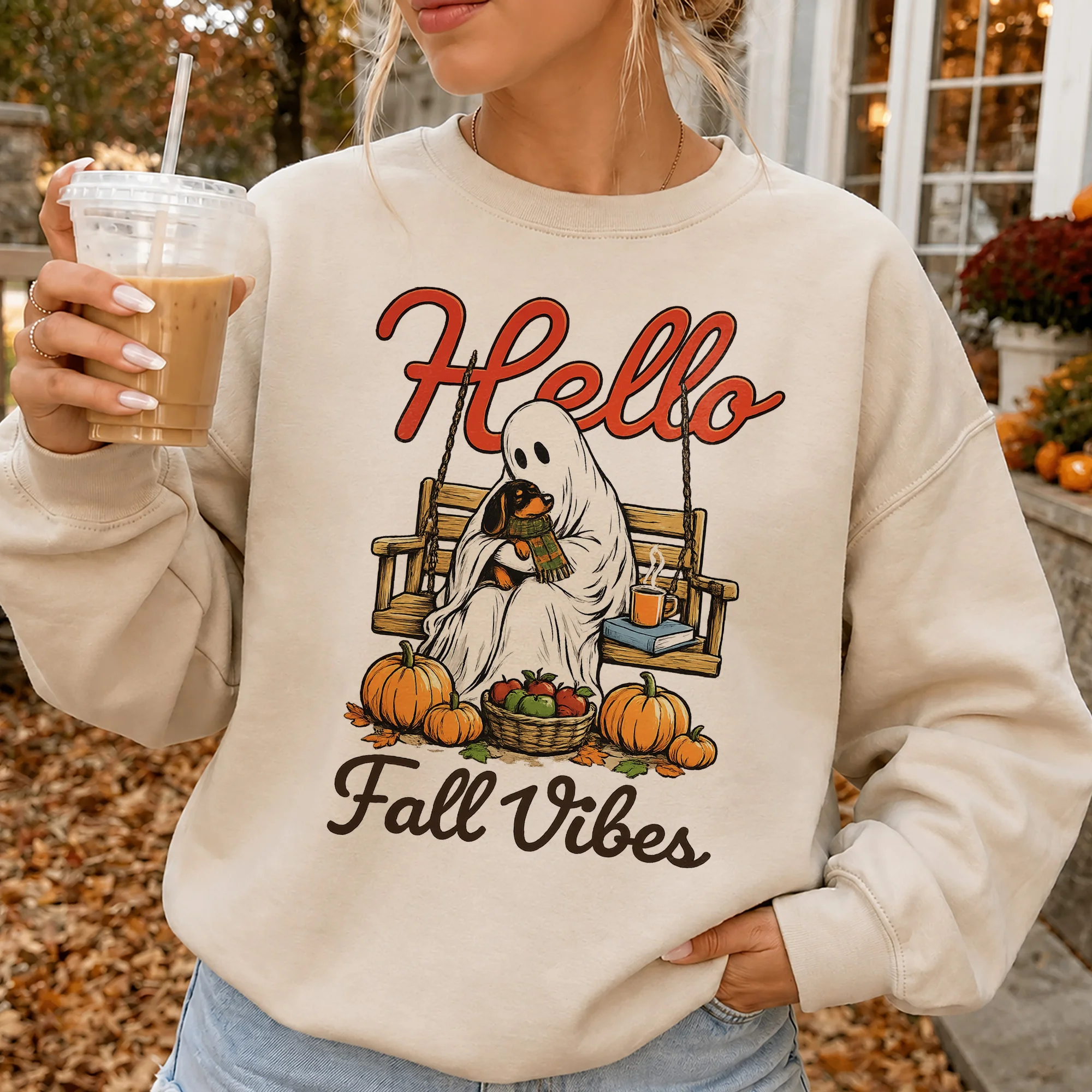 Hello Fall Vibes Tee Cozy Ghost Pumpkin Patch Graphic Shirt for Women