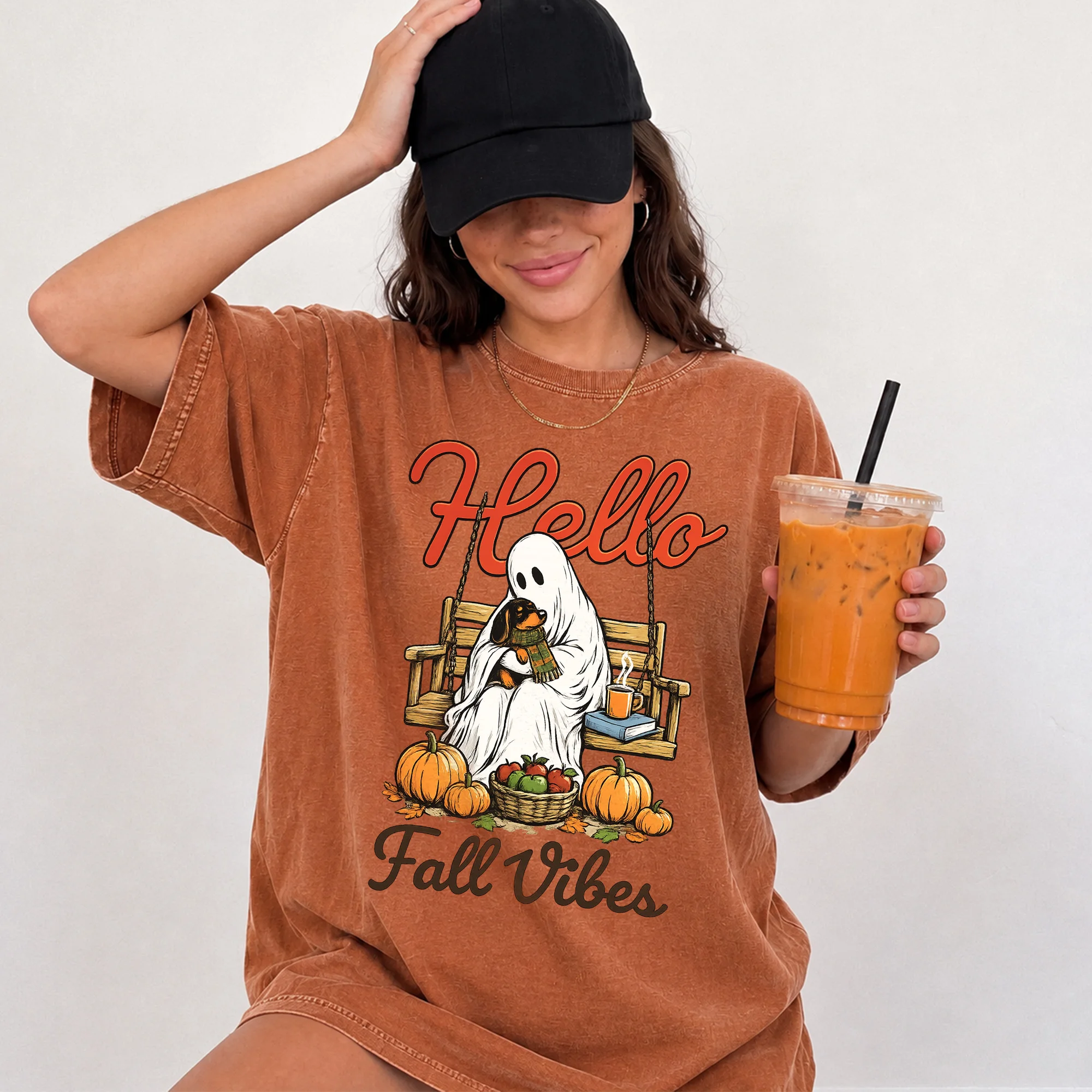 Hello Fall Vibes Tee Cozy Ghost Pumpkin Patch Graphic Shirt for Women