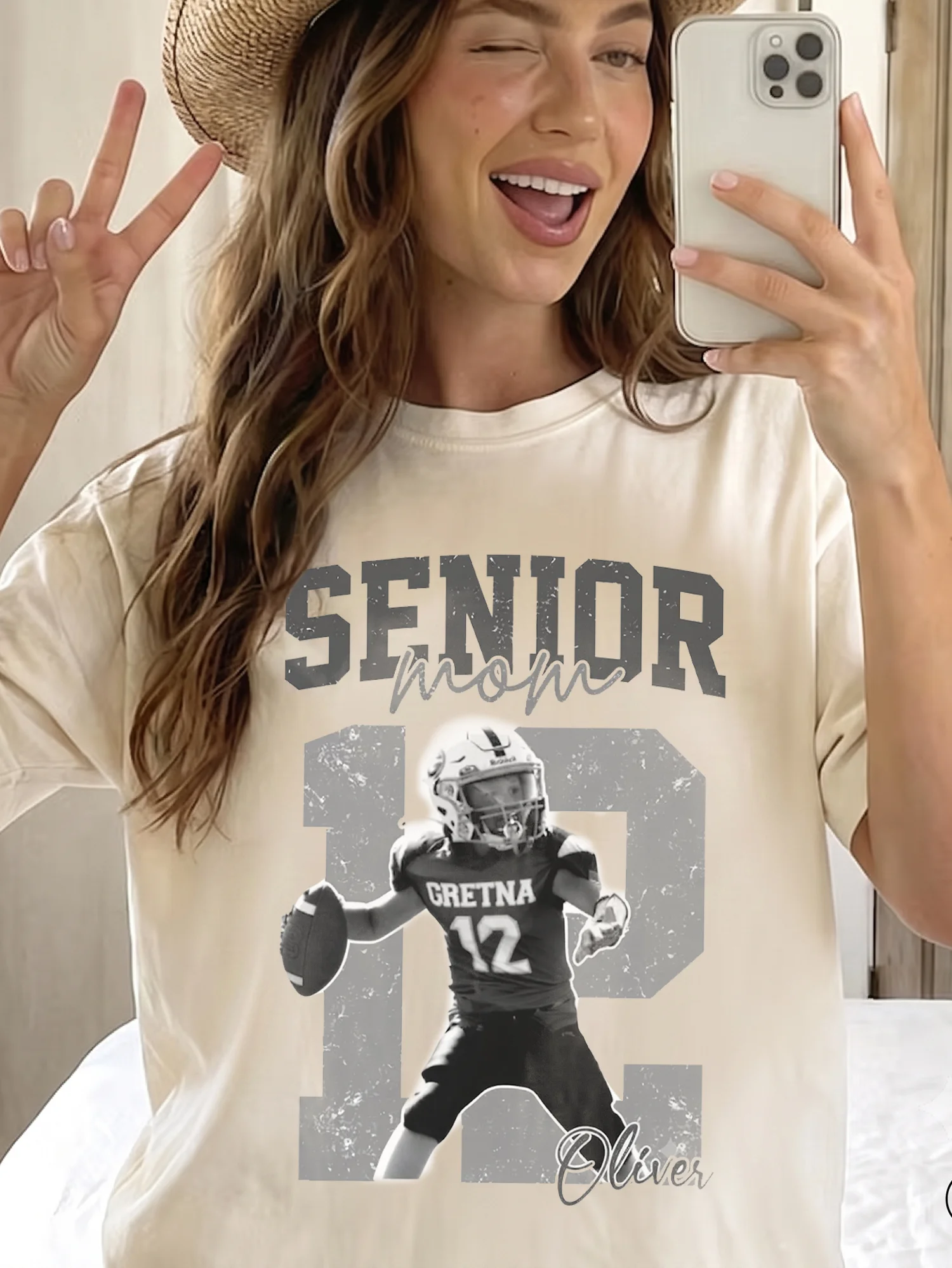 Proud Senior Mom Custom Photo Football Tee Personalized Name and Number Senior Night Gift