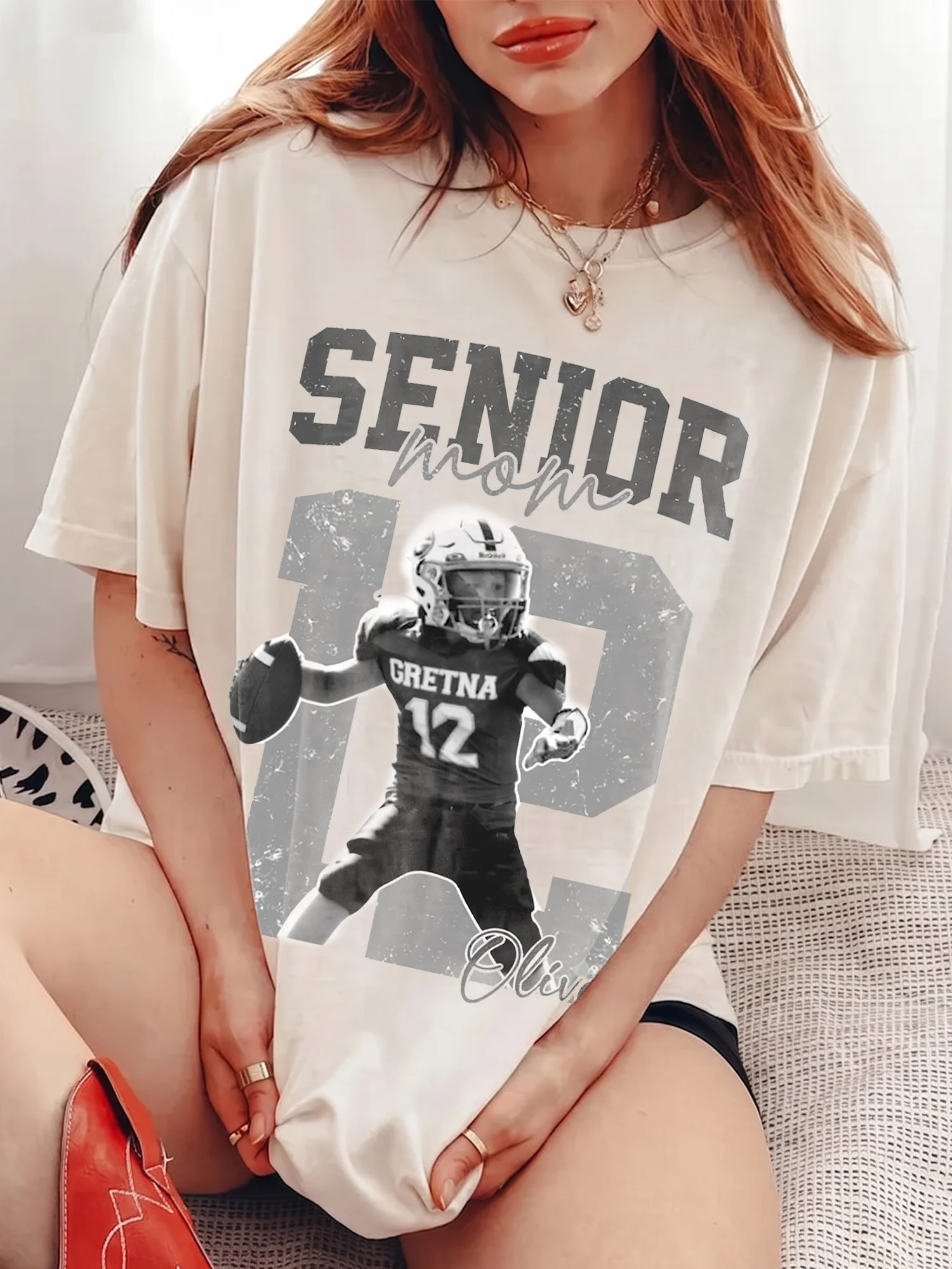 Proud Senior Mom Custom Photo Football Tee Personalized Name and Number Senior Night Gift