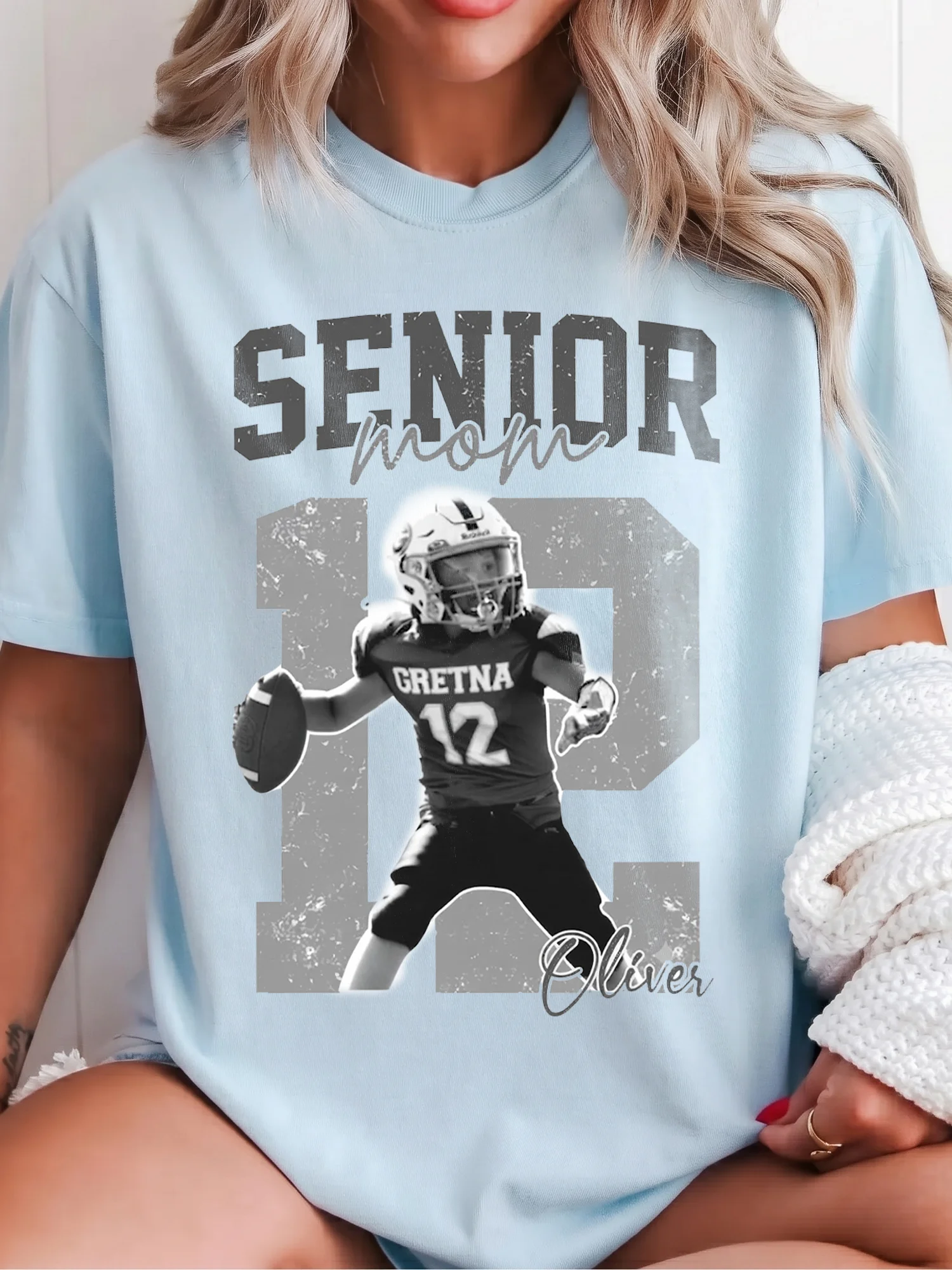 Proud Senior Mom Custom Photo Football Tee Personalized Name and Number Senior Night Gift