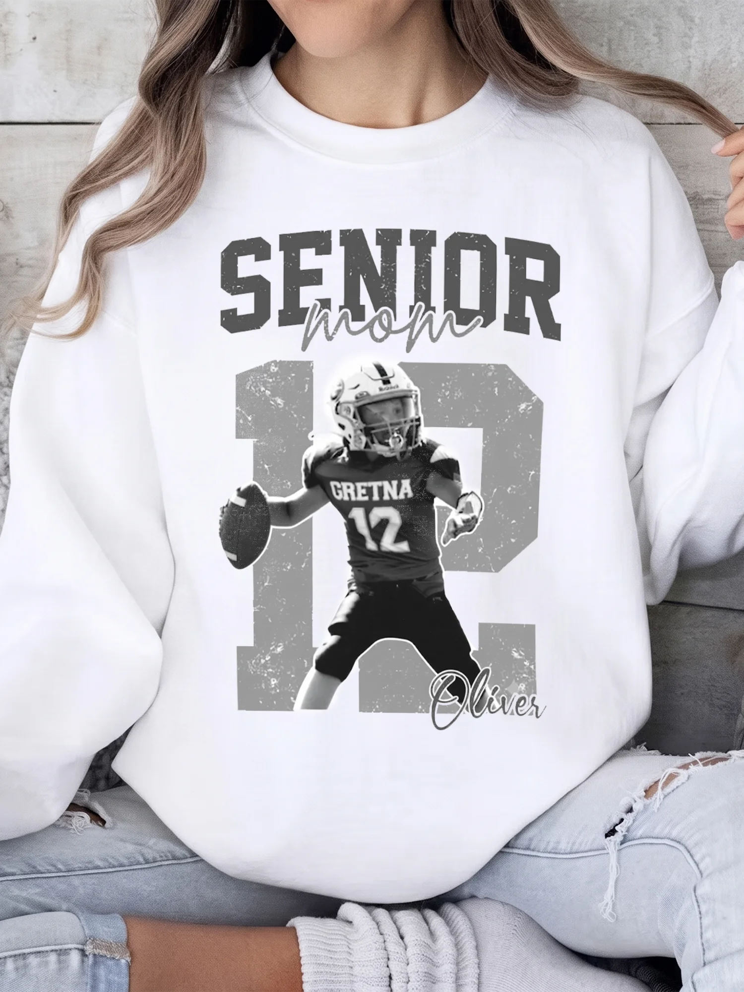 Proud Senior Mom Custom Photo Football Tee Personalized Name and Number Senior Night Gift